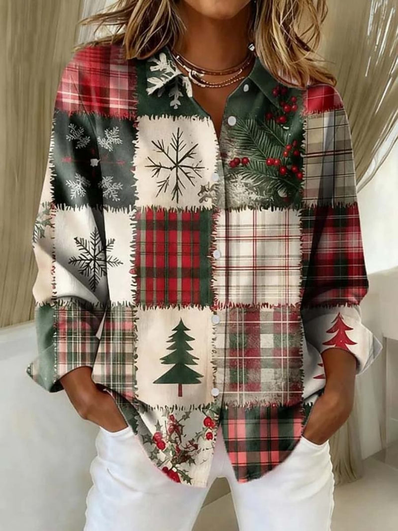 Women's Christmas Multi Patchwork Plaid Snowflake Christmas Tree Collar Long Sleeve Blouse