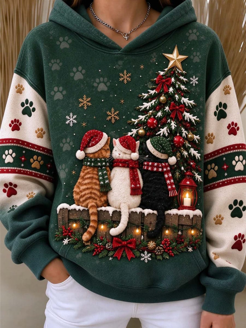 Women's Christmas Multi Cat Christmas Tree Paw Print Hoodie