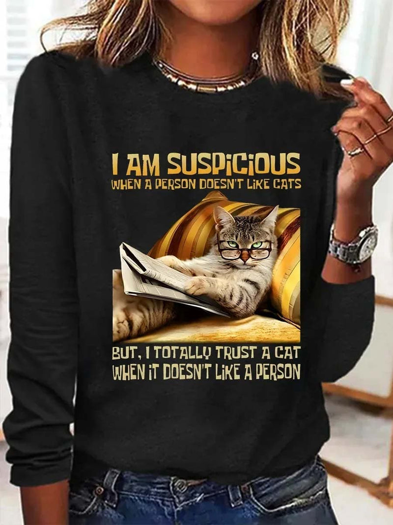 Women's Black Cat Graphic Round Neck Long Sleeve Blouse