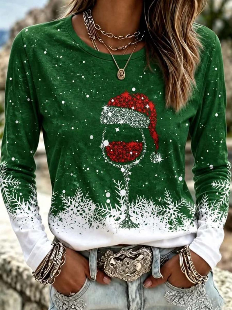 Women's Christmas Green Wine Glass Snowflake Crew Neck Long Sleeve Blouse