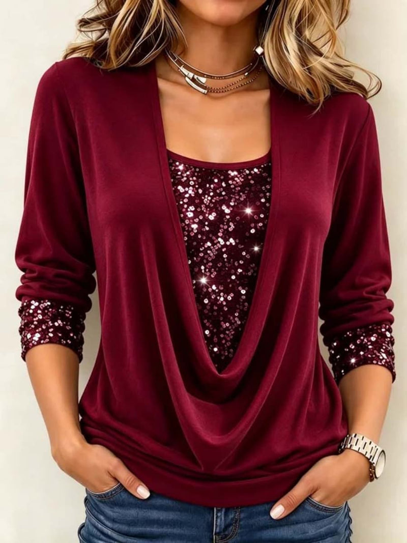Women's Christmas Burgundy Solid Cowl Neck Long Sleeve Blouse