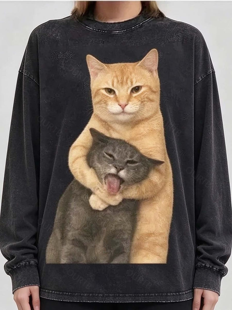 Women's Black Hugging Cat Round Neck Long Sleeve Blouse