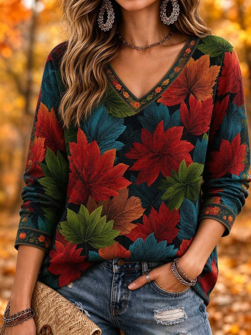 Women's Thanksgiving Multi Maple Leaf V Neck Long Sleeve Blouse