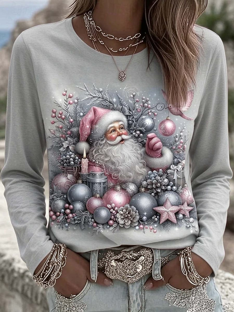 Women's Christmas Multi Santa Claus Round Neck Long Sleeve Blouse
