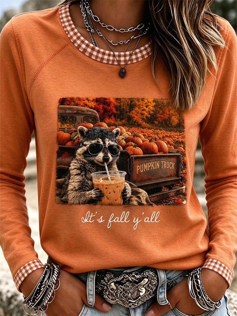 Women's Thanksgiving Orange Fall Raccoon Round Neck Long Sleeve Blouse