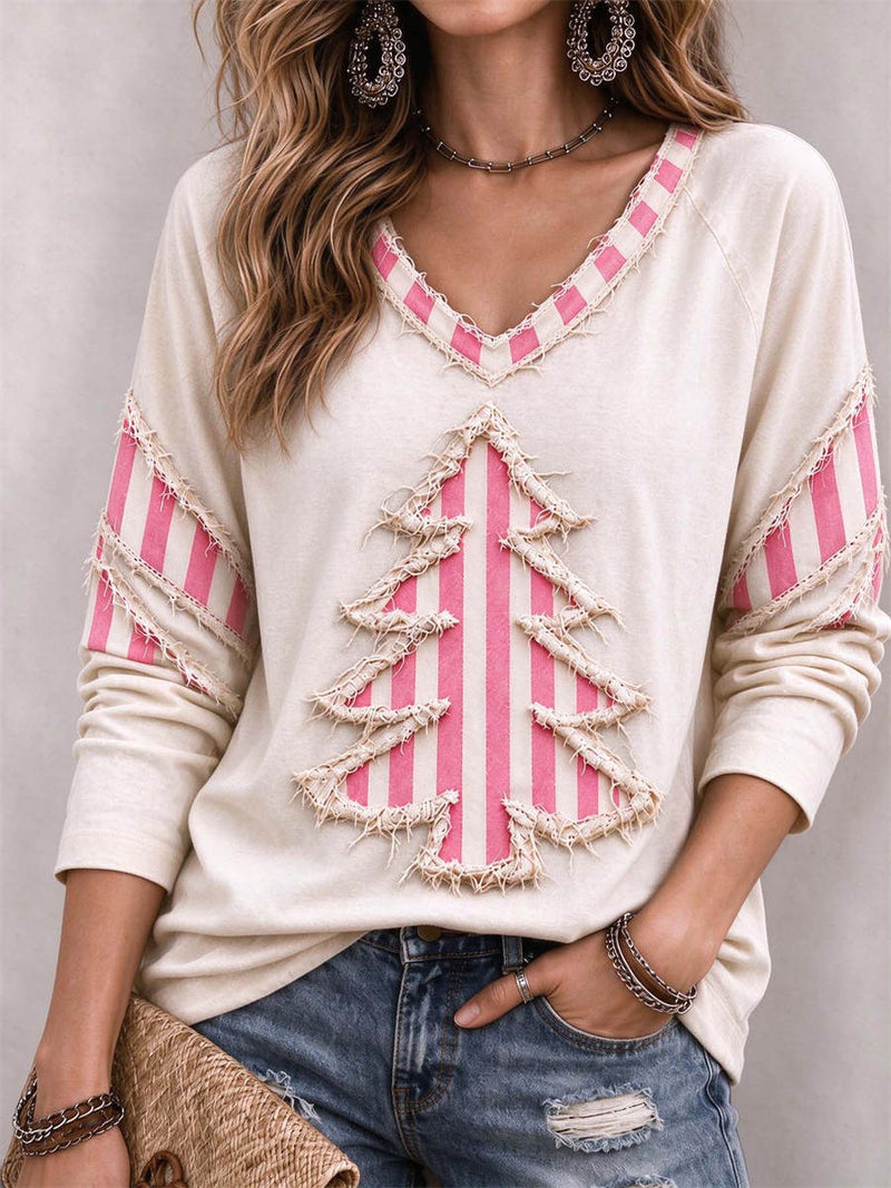 Women's Christmas Multi Striped Christmas Tree V-Neck Long Sleeve Blouse