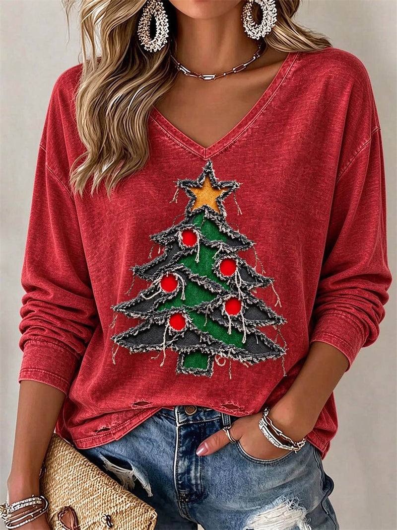 Women's Christmas Red Christmas Tree V-Neck Long Sleeve Blouse