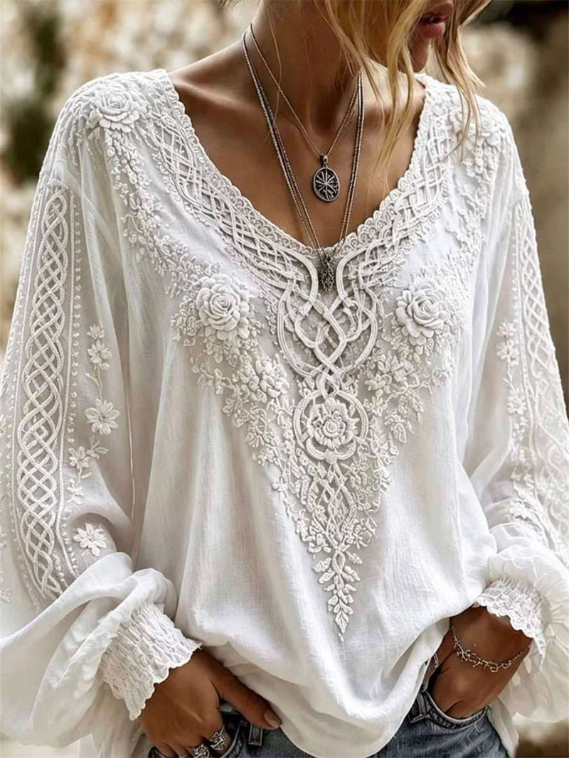 Women's White Floral Lace V Neck Puff Long Sleeve Blouse