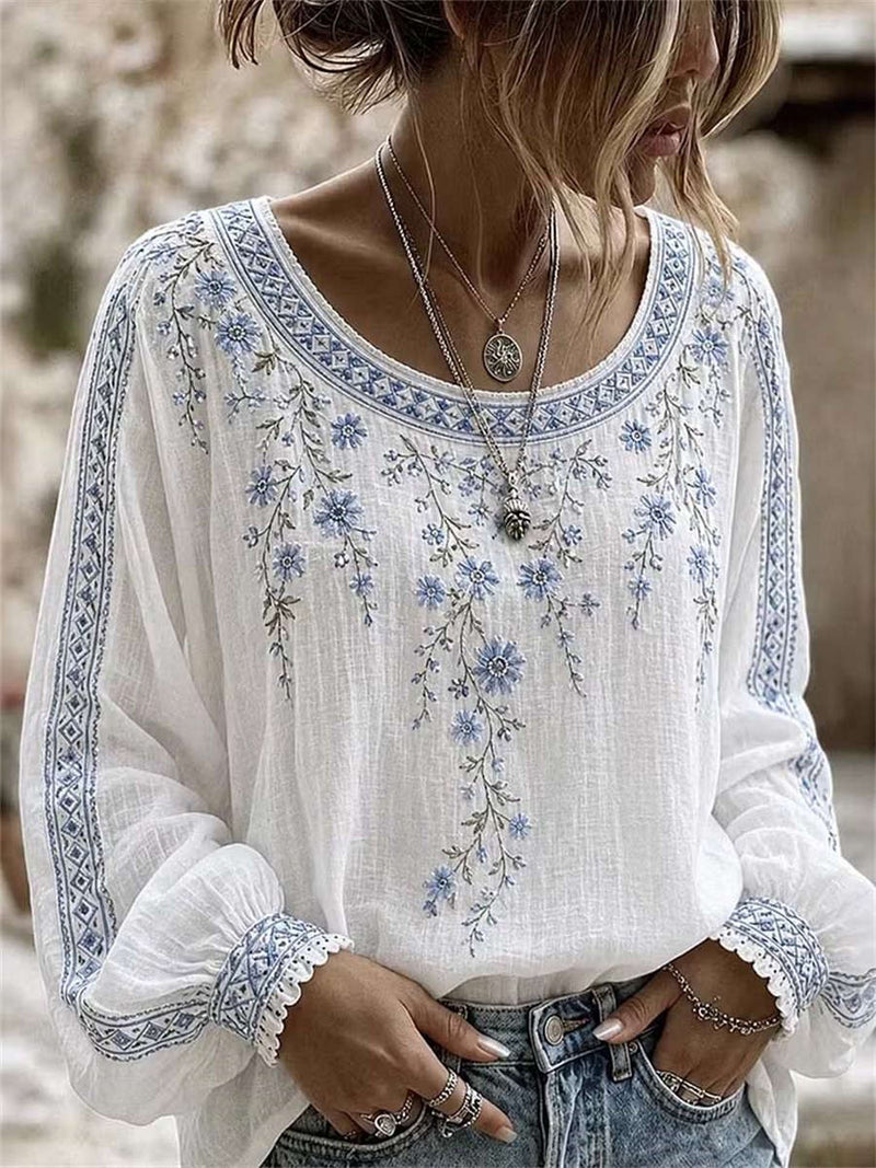 Women's White Floral Embroidery Round Neck Long Sleeve Blouse