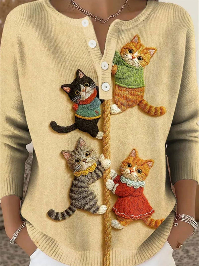 Women's Beige Cute Cat Print Henley Neck Long Sleeve Blouse
