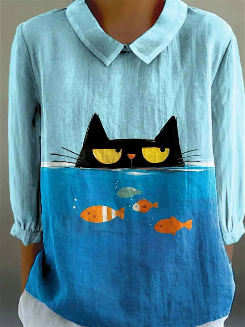 Women's Multi Cat Fish Print Collar 3/4 Sleeves Shirt