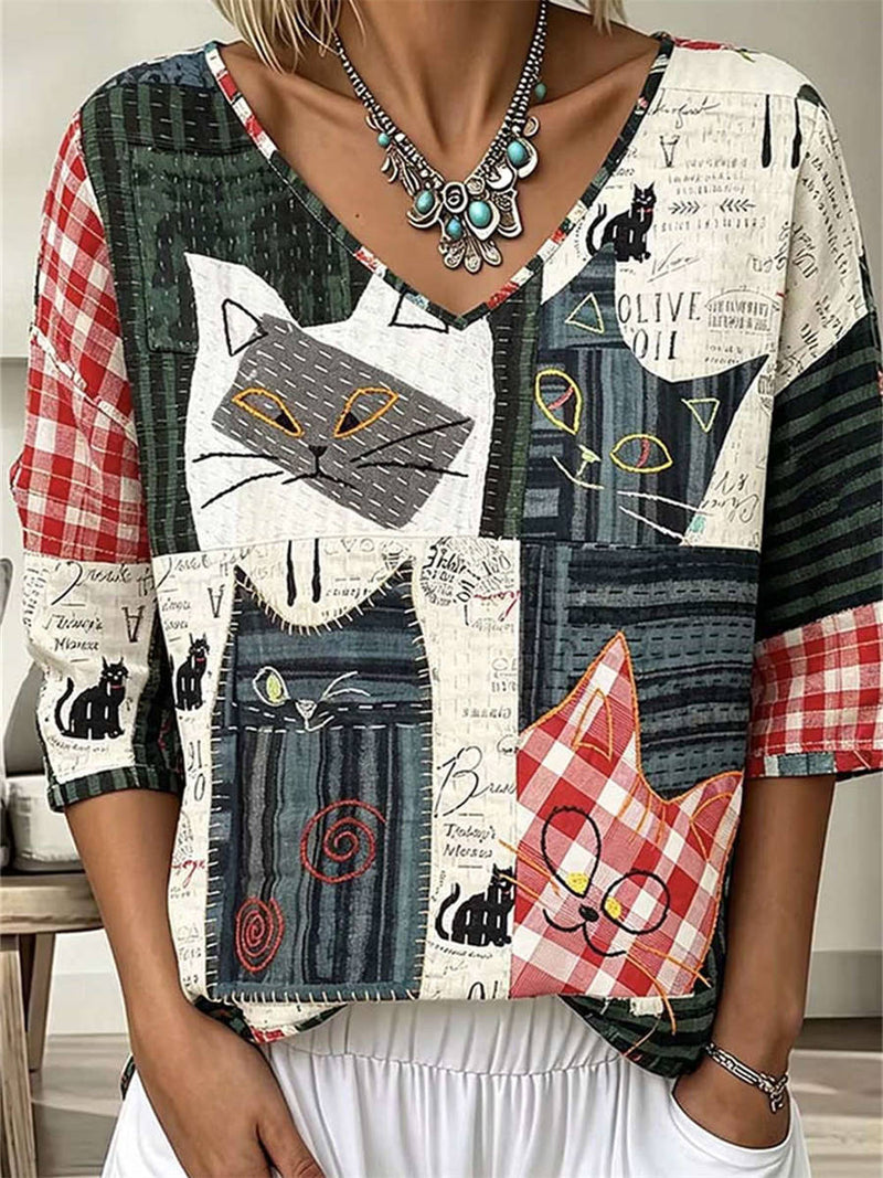 Women's Multi Patchwork Cat Print V Neck Half Sleeves Blouse