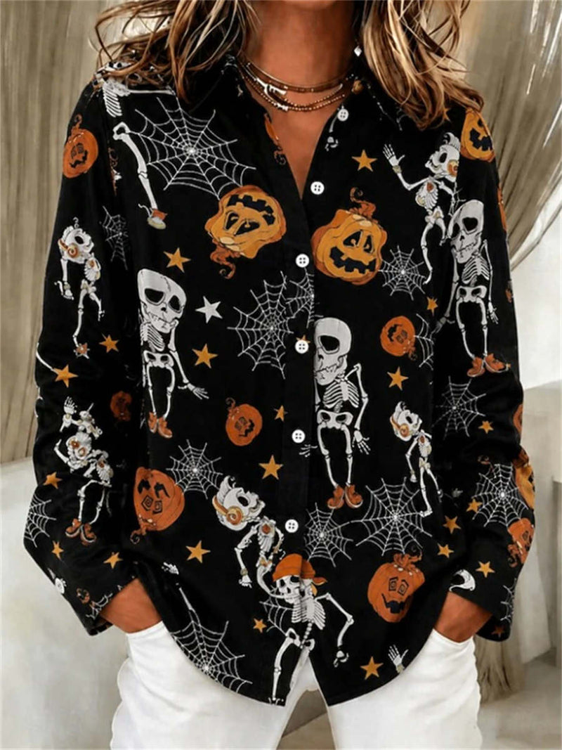 Women's Halloween Black Skeleton Pumpkin Spider Collar Long Sleeve Shirt