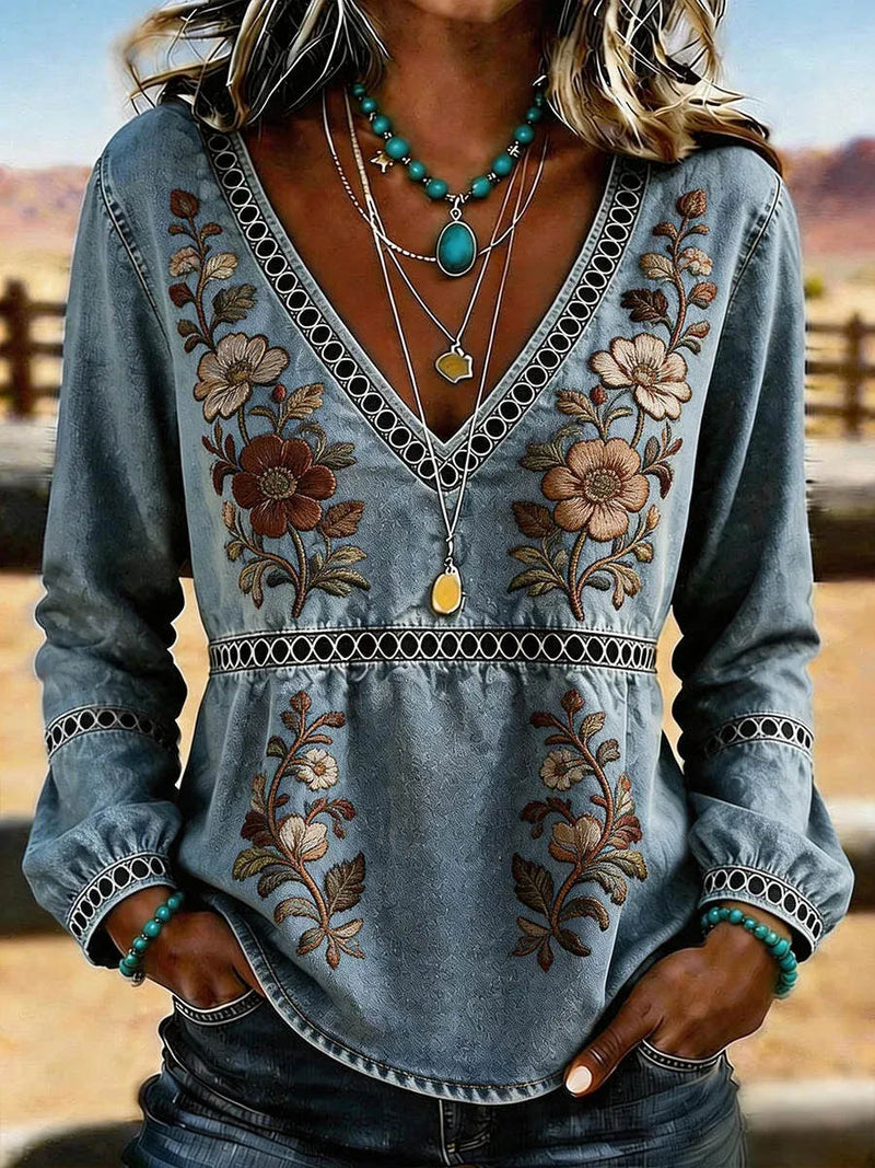 Women's Blue Western Floral Print V Neck Long Sleeve Blouse