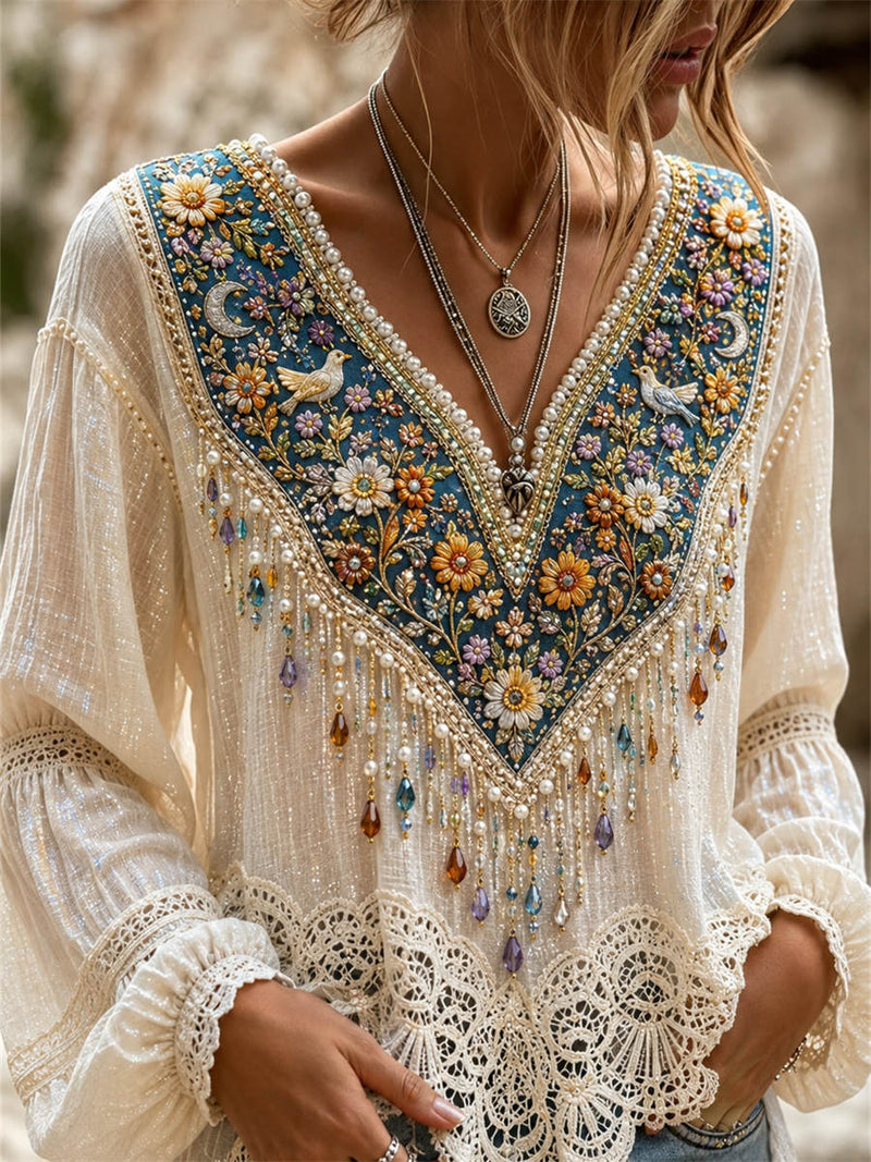Women's White Floral Bird V Neck Long Sleeve Blouse