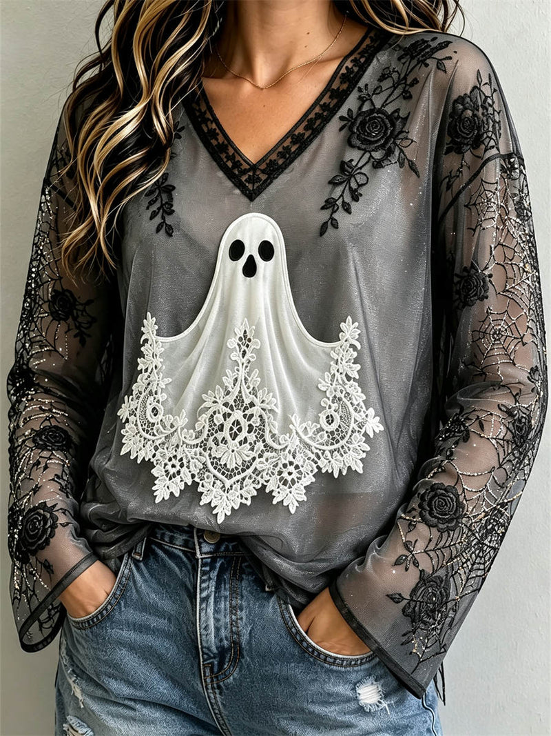 Women's Halloween Grey Ghost Floral Print V Neck Long Sleeve Blouse