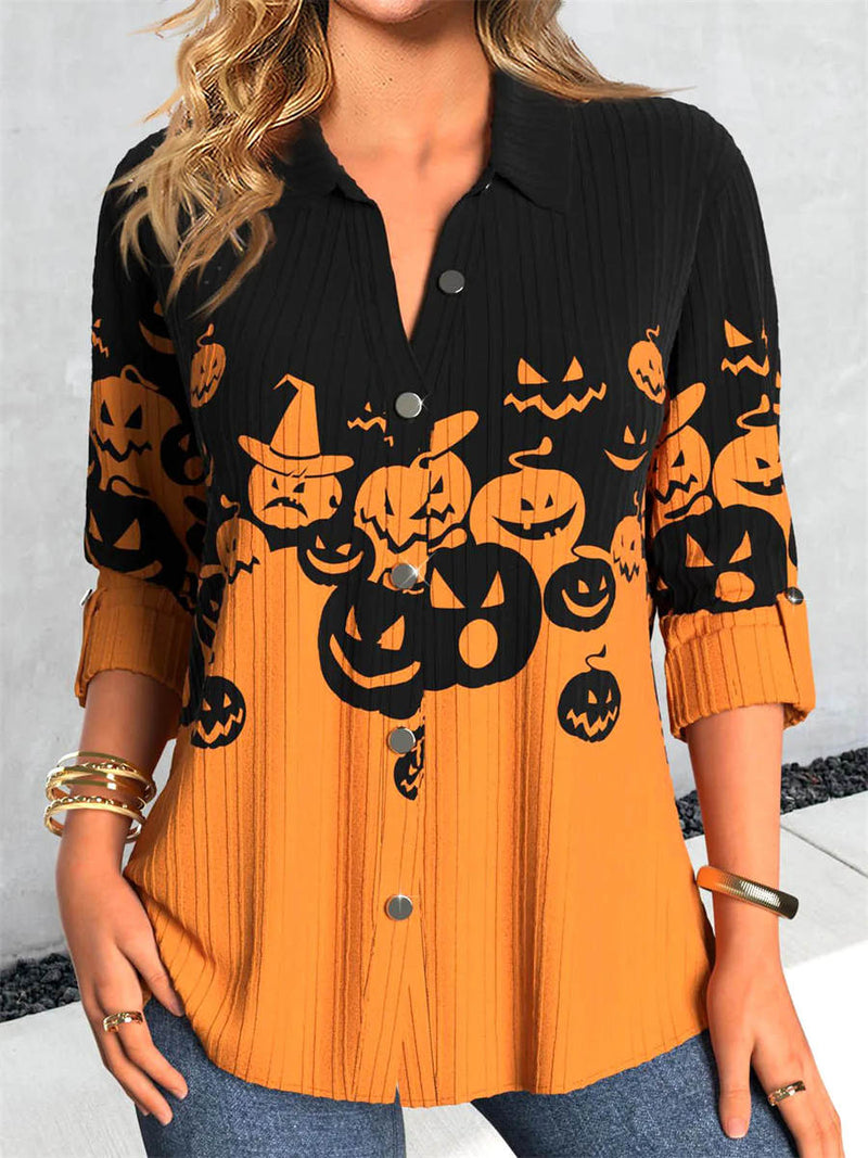 Women's Halloween Black Orange Pumpkin Print Shirt Collar Long Sleeve Blouse