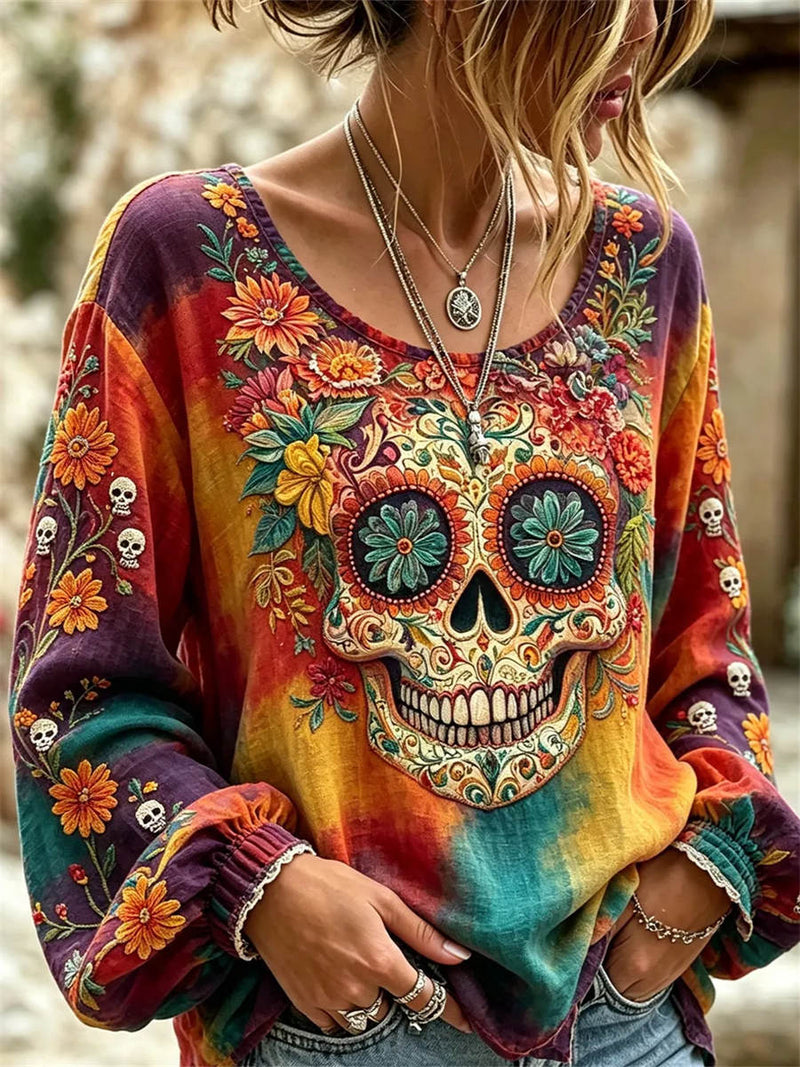 Women's Halloween Multi Skull Floral Print Round Neck Long Sleeve Blouse