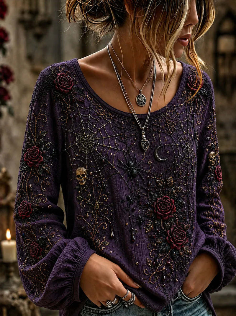 Women's Halloween Purple Gothic Rose Spider Skull Long Sleeve Blouse