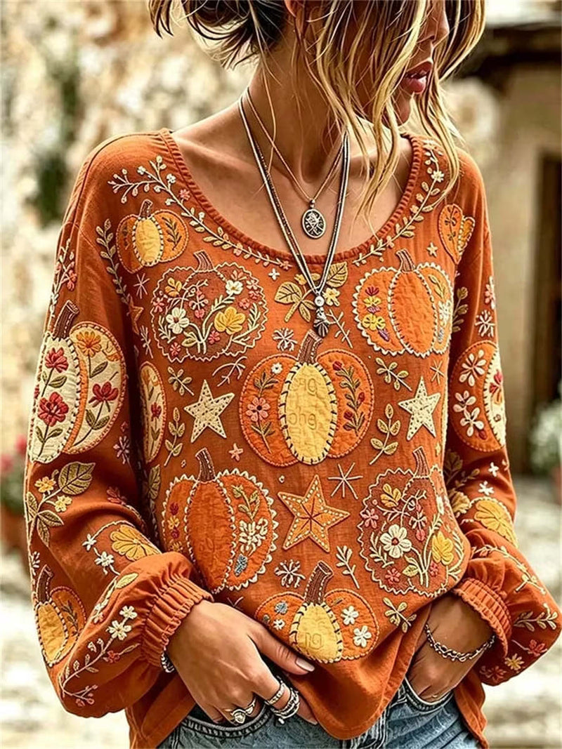 Women's Halloween Orange Pumpkin Floral Star Round Neck Long Sleeve Blouse