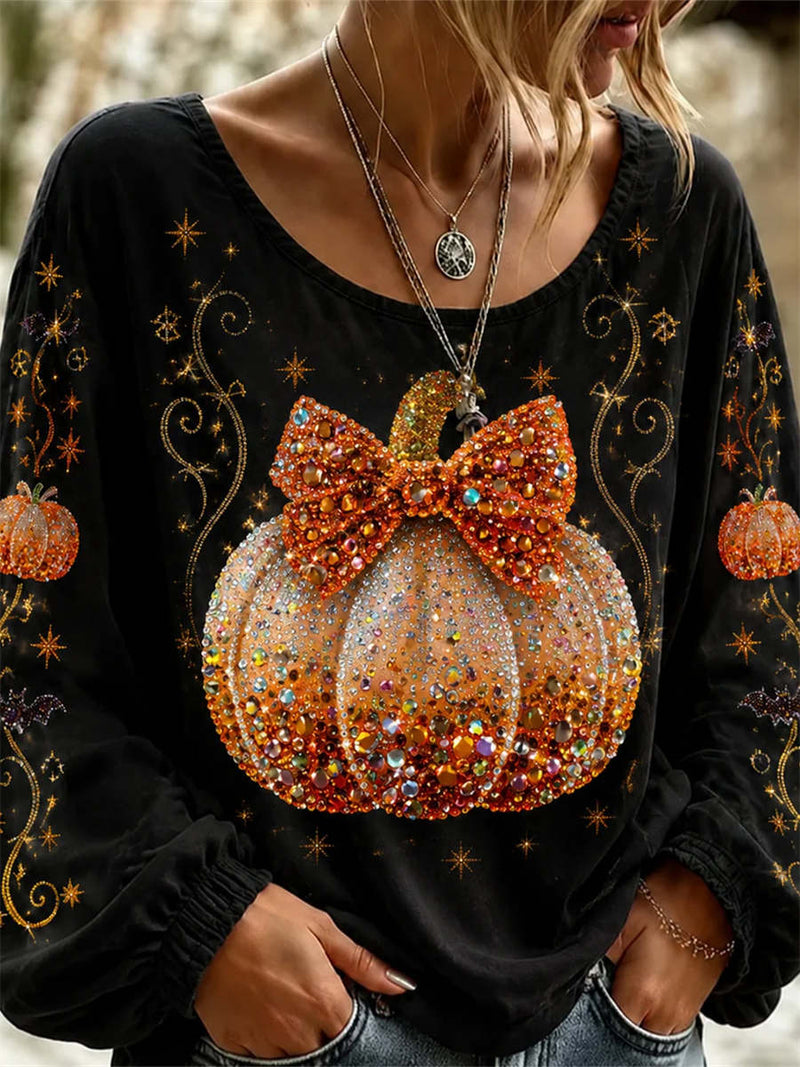 Women's Halloween Black Pumpkin Star Round Neck Puff Sleeve Blouse