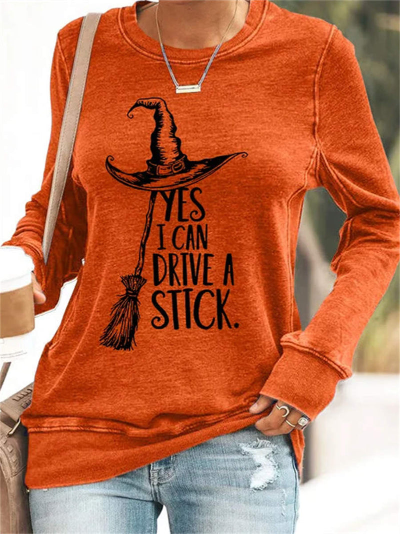 Women's Halloween Orange Witch Hat Letter Print Round Neck Sweatshirt