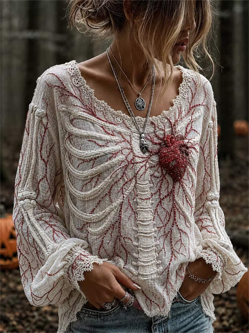 Women's Halloween Off White Skeleton Heart Print V Neck Blouse