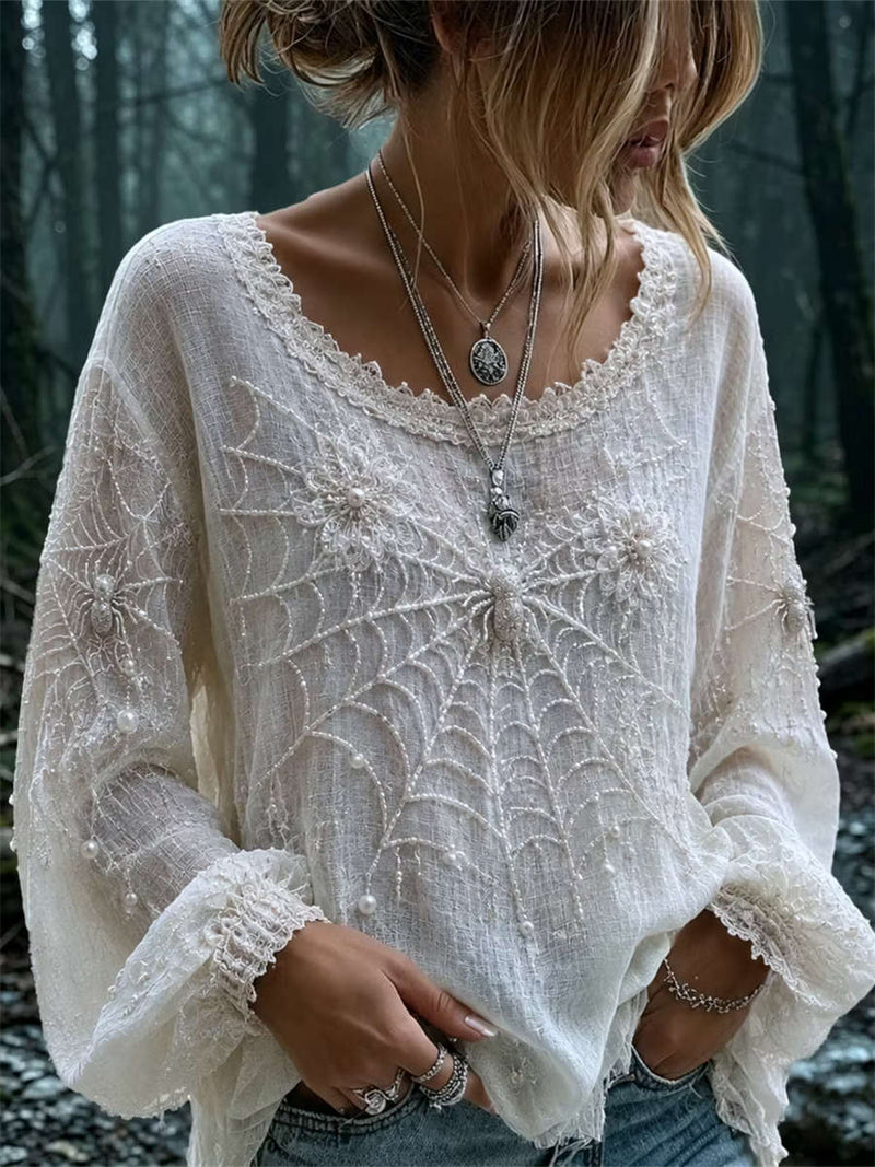 Women's Halloween White Spider Web Floral Round Neck Long Sleeve Blouse