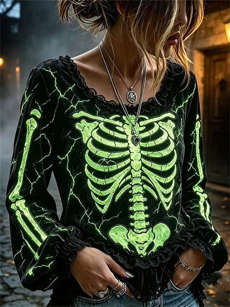 Women's Halloween Black Neon Skeleton Print Round Neck Long Sleeve Blouse