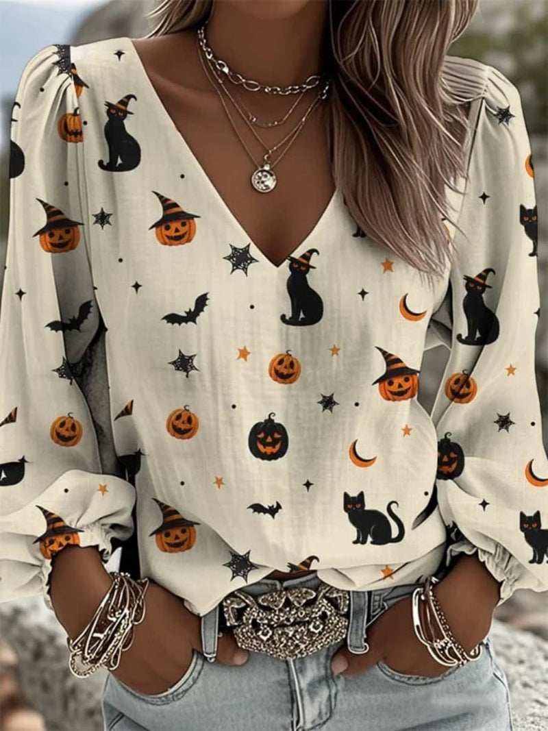 Women's Halloween Multi Pumpkin Black Cat Bat Print V Neck Puff Sleeve Blouse