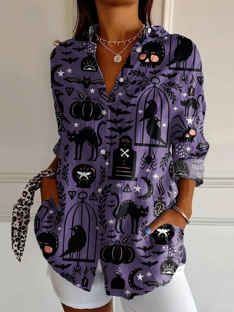 Women's Halloween Purple Pumpkin Bat Black Cat Print Collar Long Sleeve Shirt