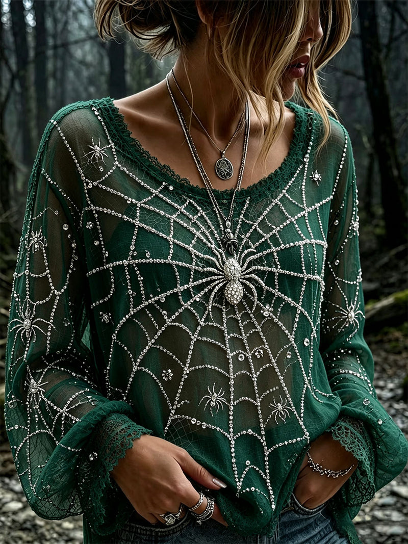 Women's Halloween Green Spider Web Round Neck Long Sleeve Blouse