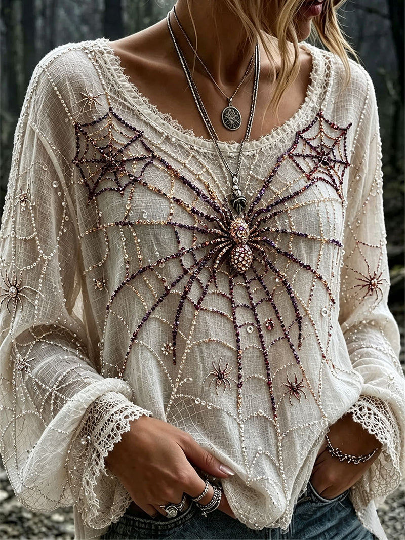 Women's Halloween Cream Spider Web Round Neck Long Sleeve Blouse