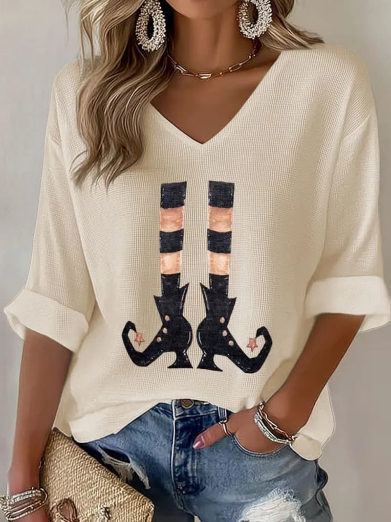 Women's Halloween Cream Witch Boot V Neck Half Sleeve Blouse