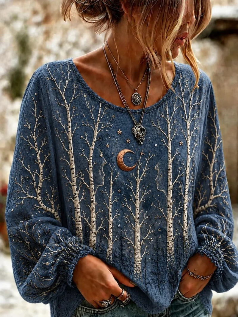 Women's Halloween Blue Tree Moon Star Round Neck Long Sleeve Blouse