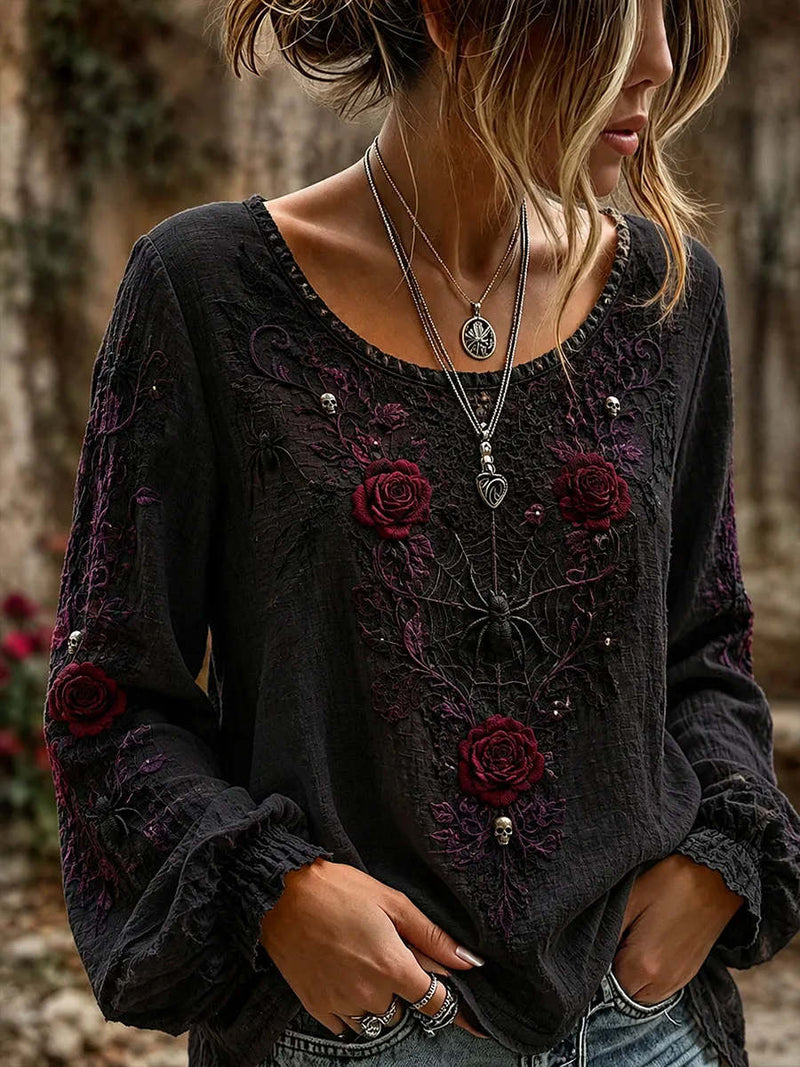 Women's Halloween Black Rose Spider Skull Round Neck Long Sleeve Blouse