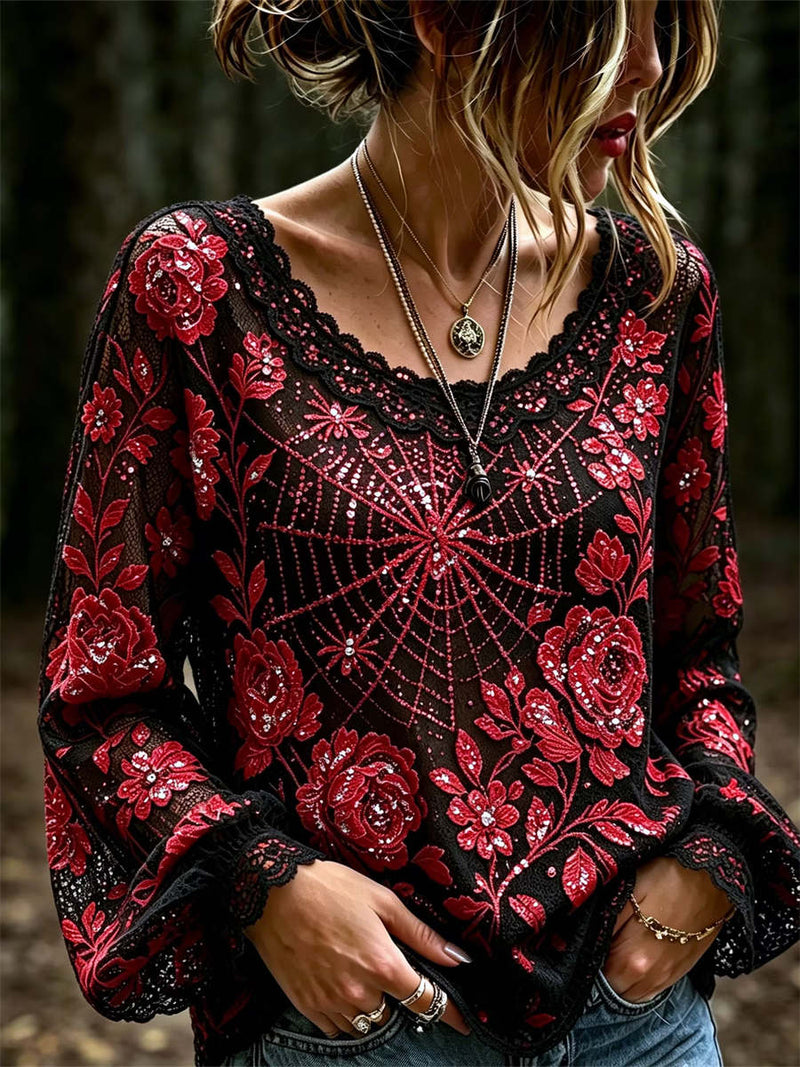 Women's Halloween Black Red Spider Web Rose Print Round Neck Long Sleeve Blouse