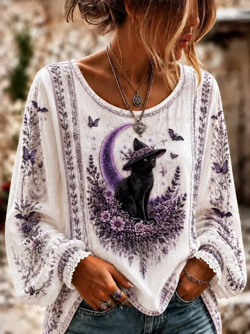 Women's Halloween Multi Lavender and Black Cat Moon Graphic Print Round Neck Long Sleeve Blouse
