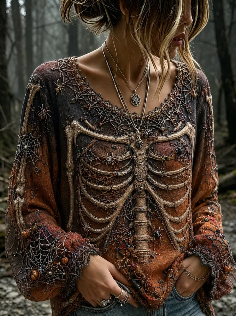 Women's Halloween Multi Human Skeletal Spider Web Print V Neck Long Sleeve Blouse