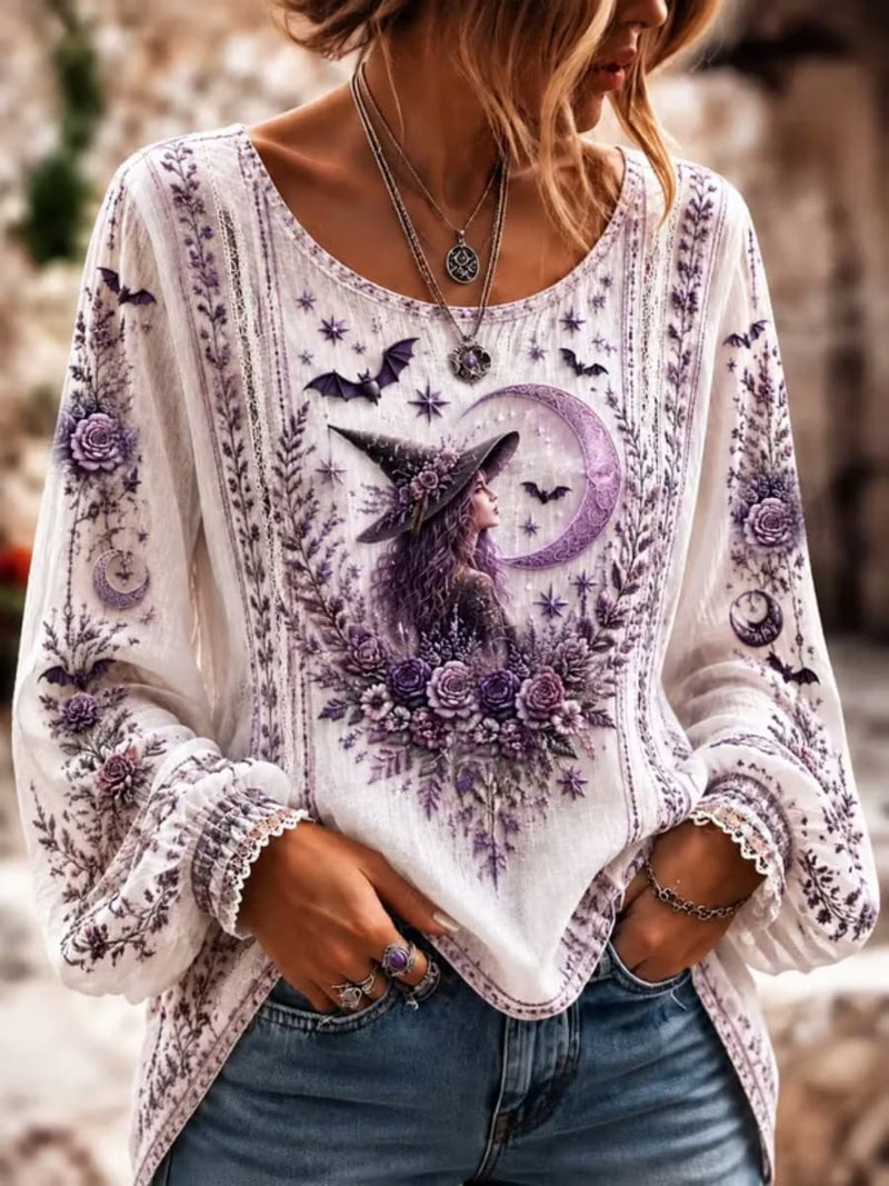 Women's Halloween Multi Witch Crescent Moon Rose Bat Star Floral Print Round Neck Long Sleeve Blouse