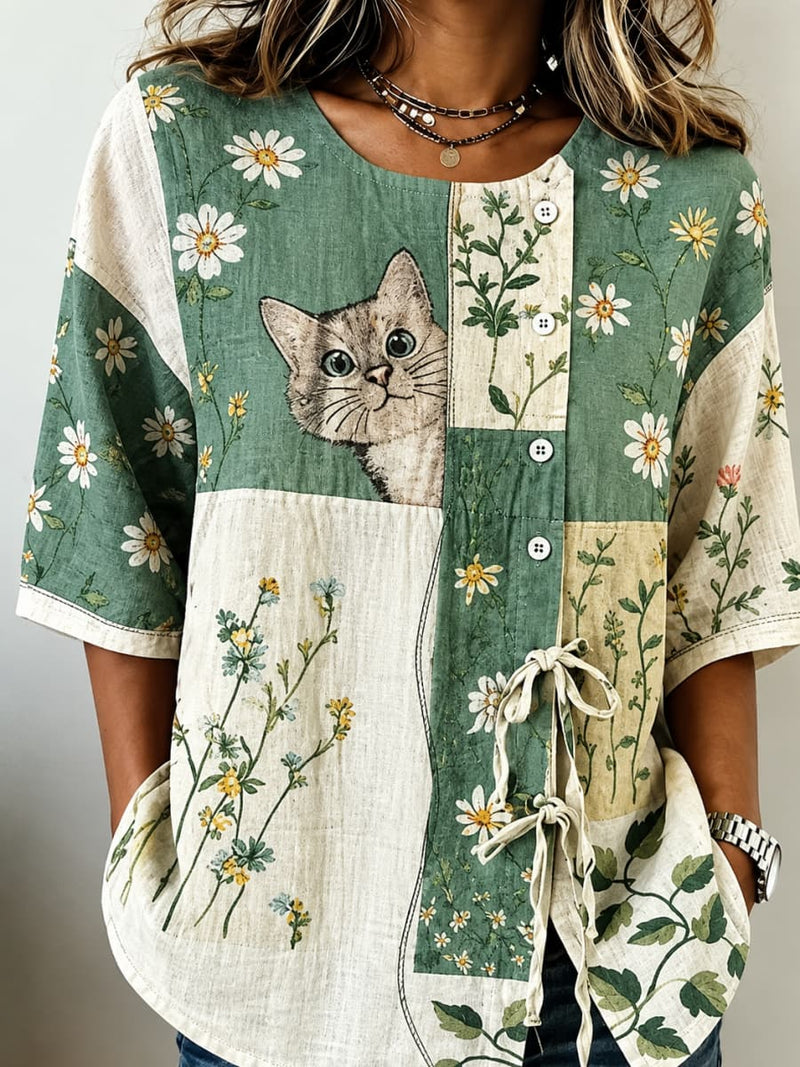 Women's Multi Cat Floral Patchwork Round Neck Three Quarter Sleeve Blouse
