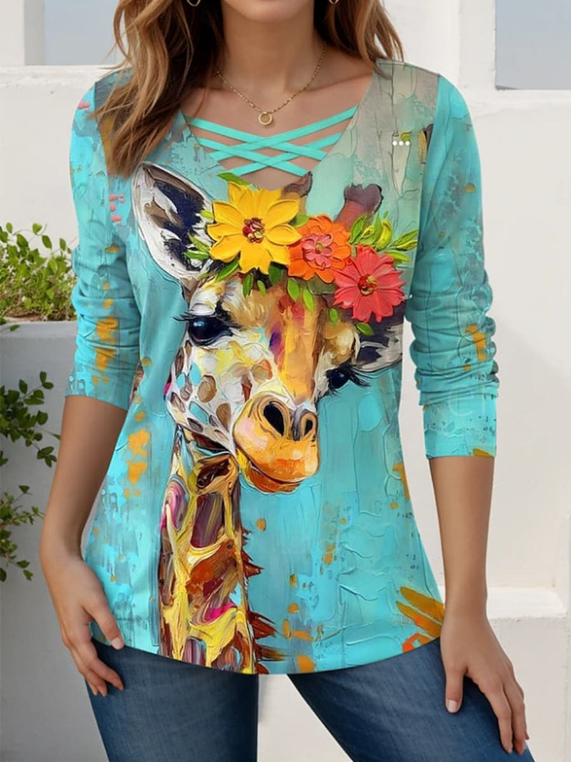 Women's Blue Giraffe Floral Print Cutout V Neck Long Sleeve Blouse