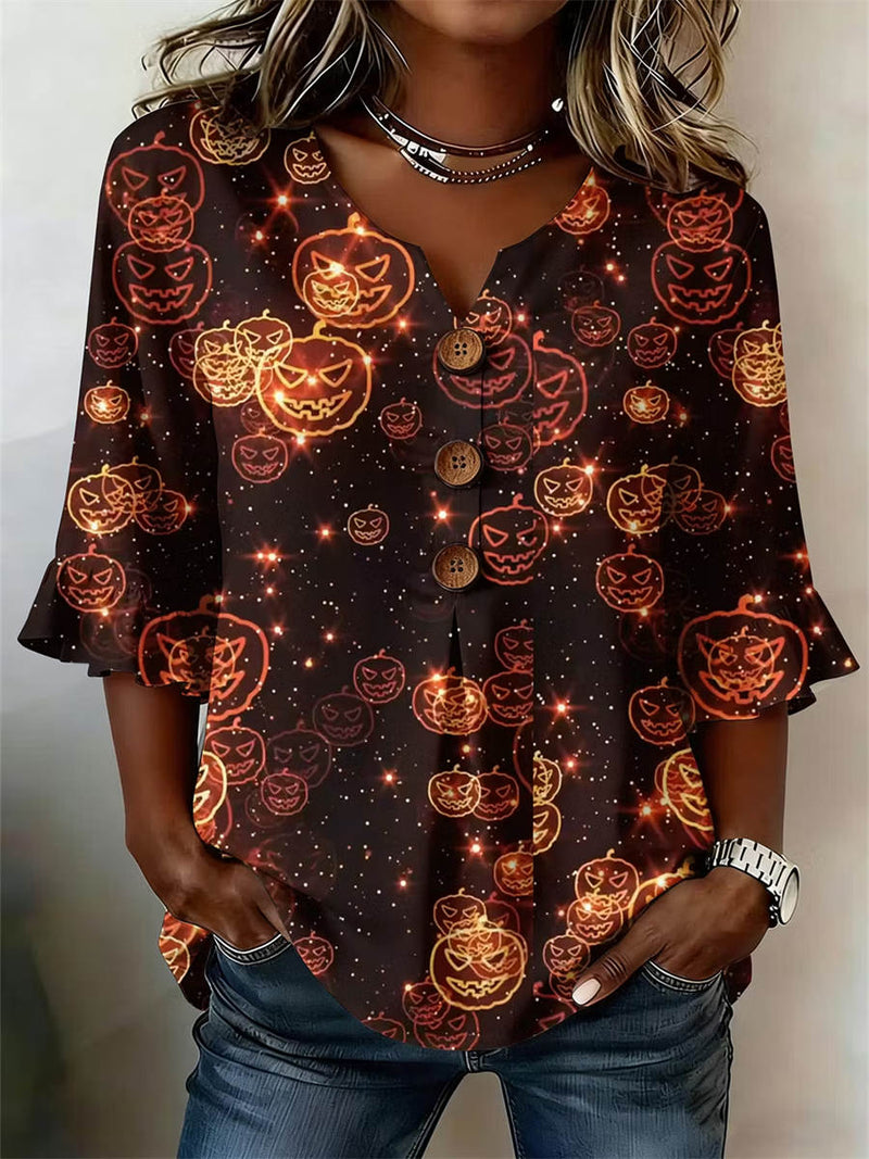 Women's Halloween Black Pumpkin Face Print V Neck Three Quarter Sleeve Blouse