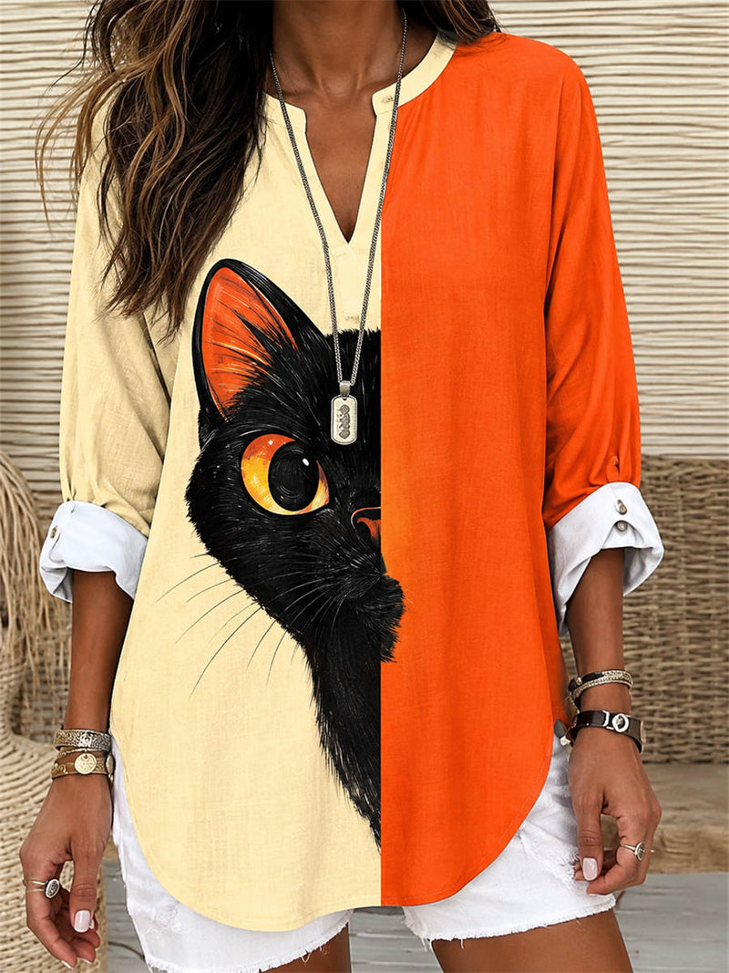 Women's Multi Cat Print V Neck Long Sleeve Blouse