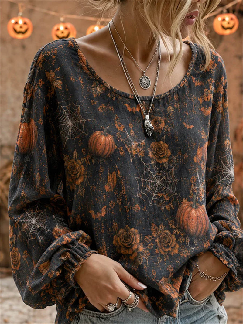 Women's Halloween Multi Pumpkin Spider Web Print Round Neck Long Sleeve Blouse