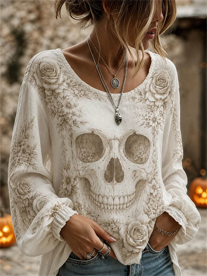 Women's Halloween White Skull Rose Print Round Neck Long Sleeve Blouse