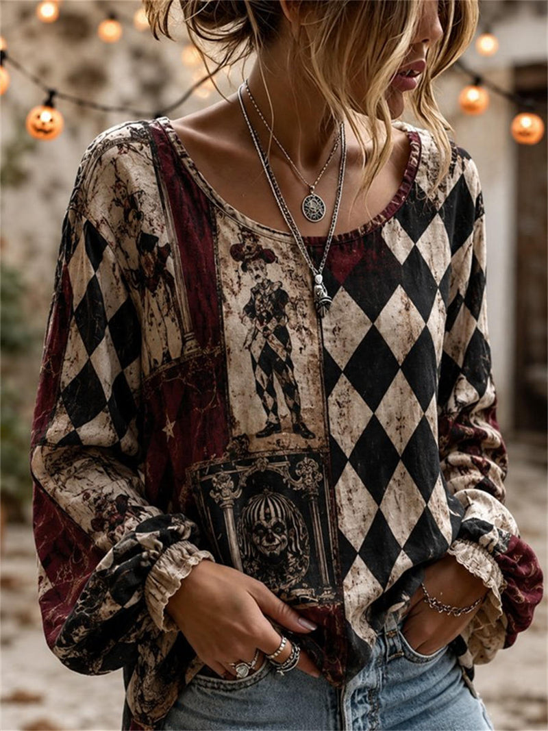 Women's Halloween Multi Harlequin Joker Print V Neck Long Sleeve Blouse