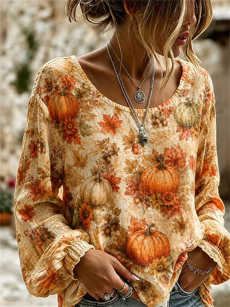 Women's Halloween Multi Pumpkin Maple Floral Print Round Neck Long Sleeve Blouse