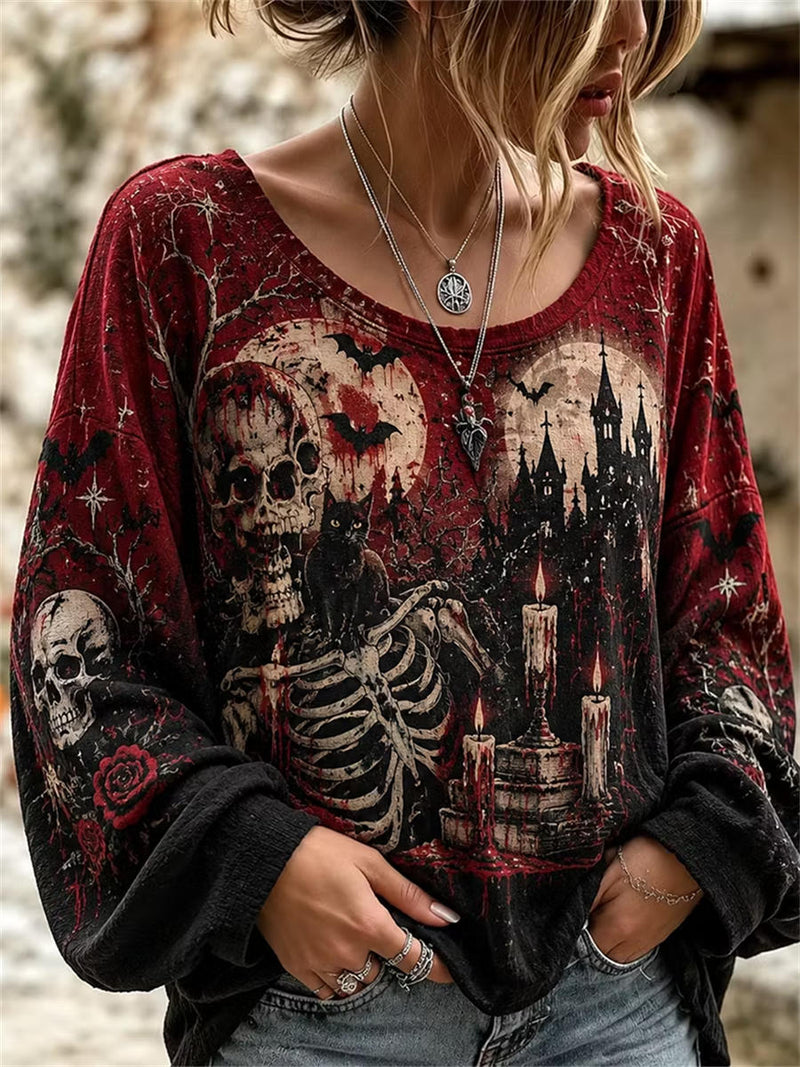 Women's Halloween Multi Skeleton Castle Print Round Neck Long Sleeve Blouse