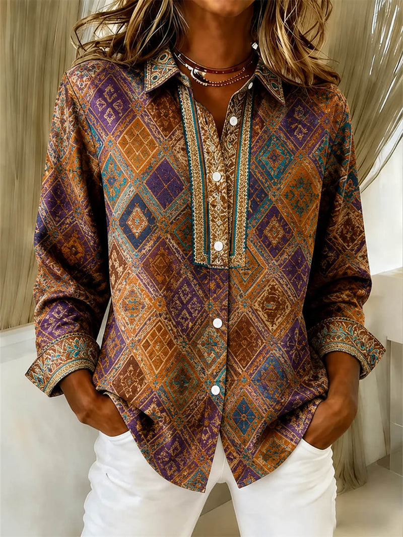 Women's Multi Geometric Print Collared Long Sleeve Shirt